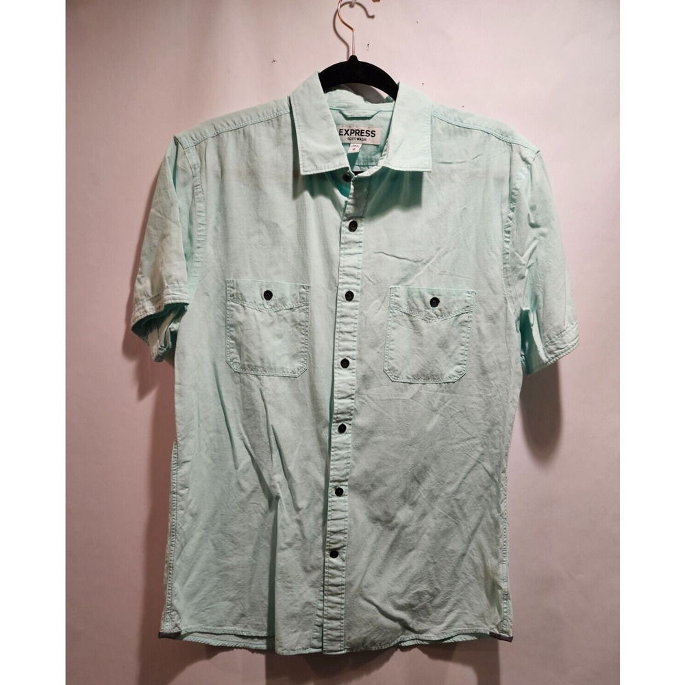 Express Slim Soft Wash Shirt Short Sleeve Adult Blue Button Up Men's Medium